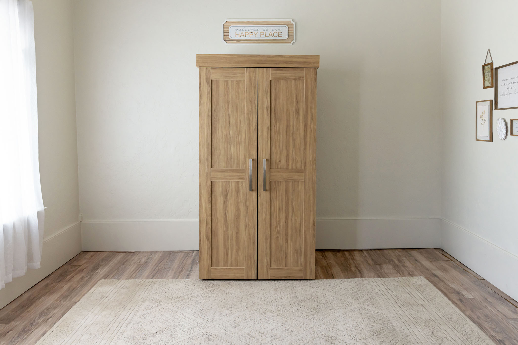 DreamBox White Oak closed — elegant armoire-style craft cabinet