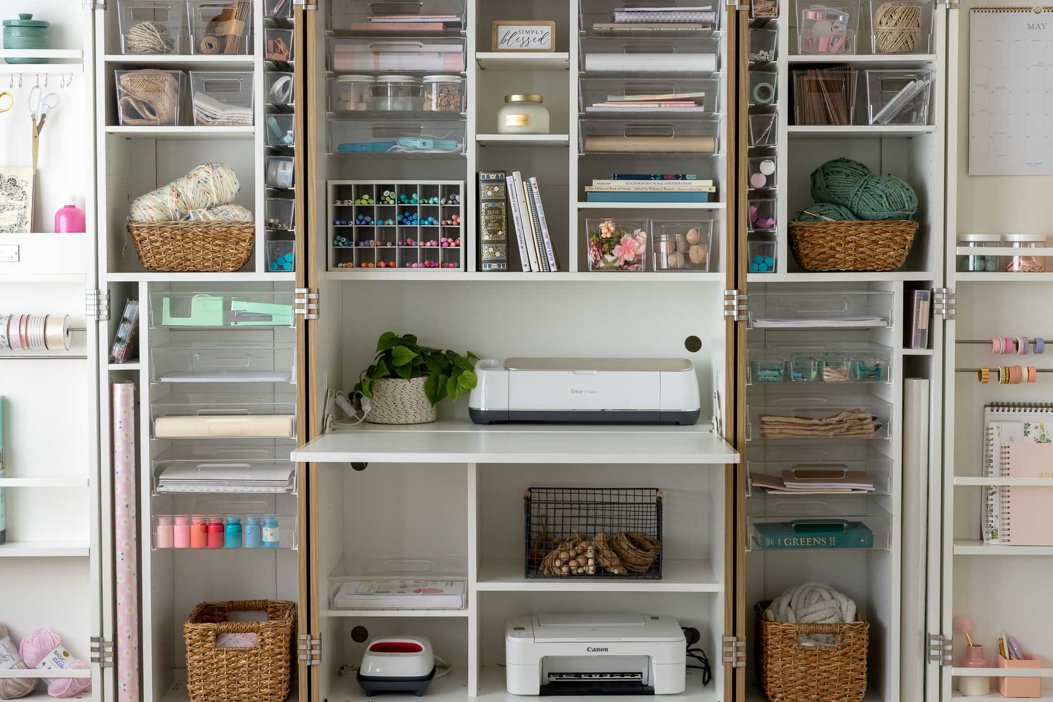 DreamBox interior close-up showing organized craft supplies and totes